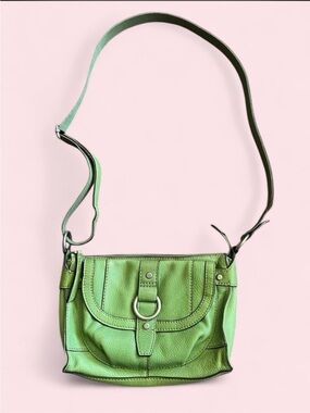 🍏Fossil Green Leather Crossbody Bag w Silver Ring Accent • Rare